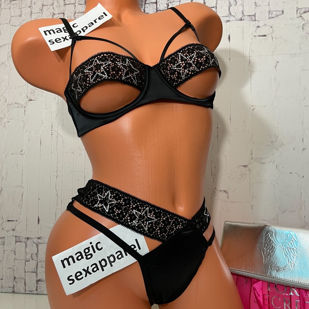VS LUXE 32 34 CRYSTALS BRA PANTY SET STRAPPY CAGED CUT OUT SATIN